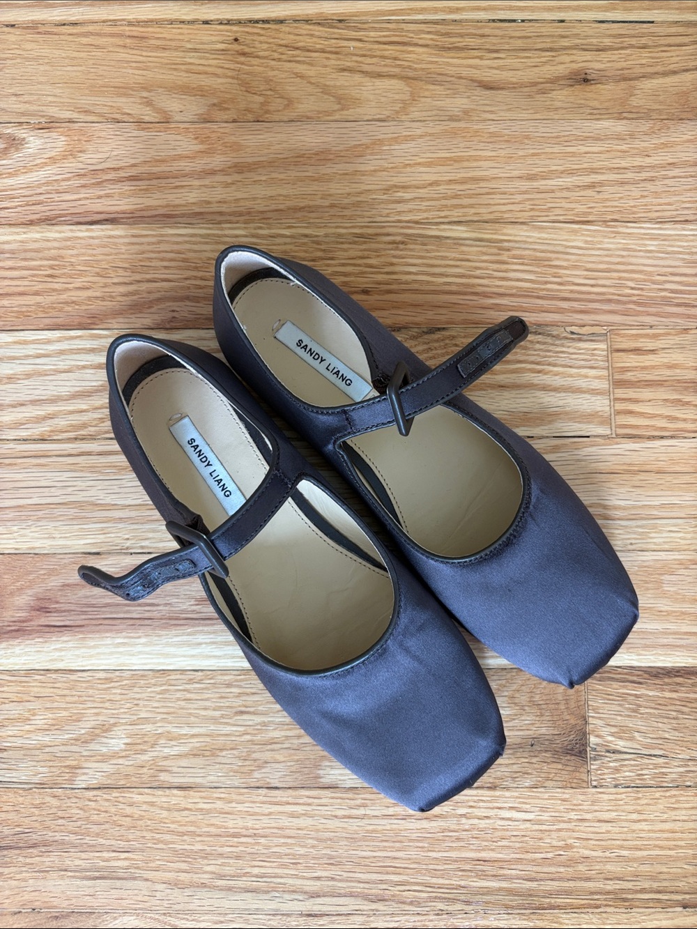 Sandy Liang Dark Brown Satin Mary Jane Flats
